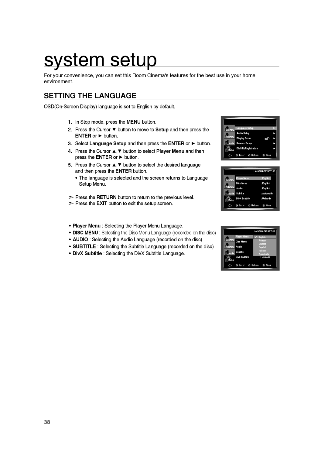Samsung HE10T user manual system setup, Setting The Language 
