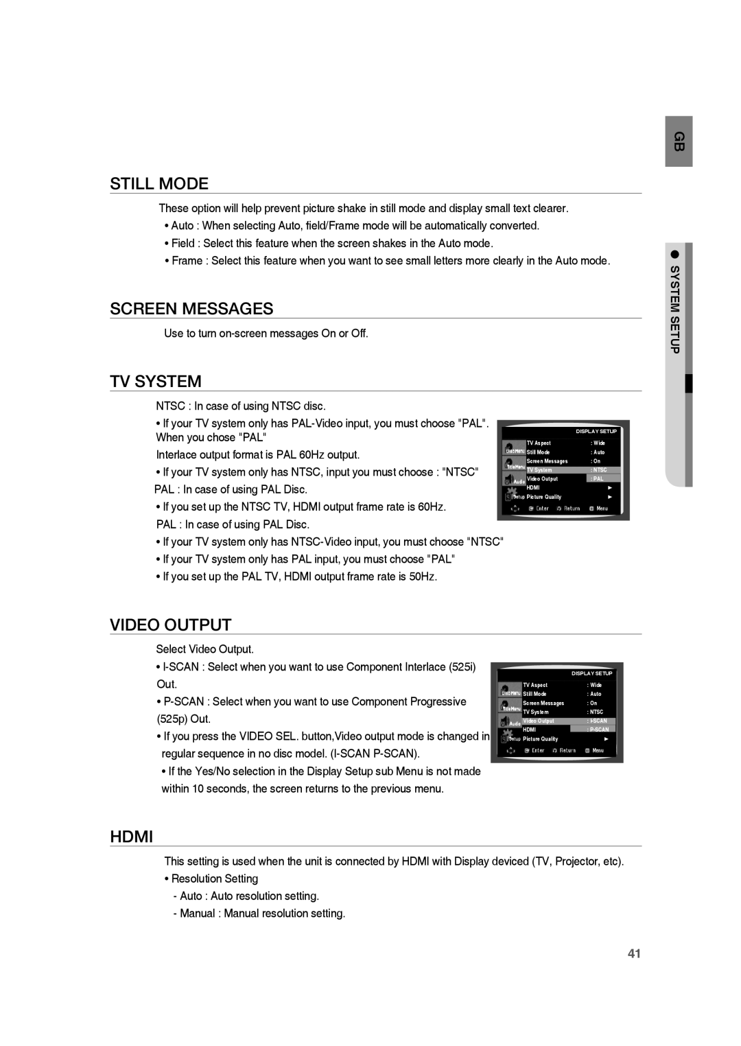 Samsung HE10T user manual Still Mode, Screen Messages, Tv System, Video Output, Hdmi, System Setup 
