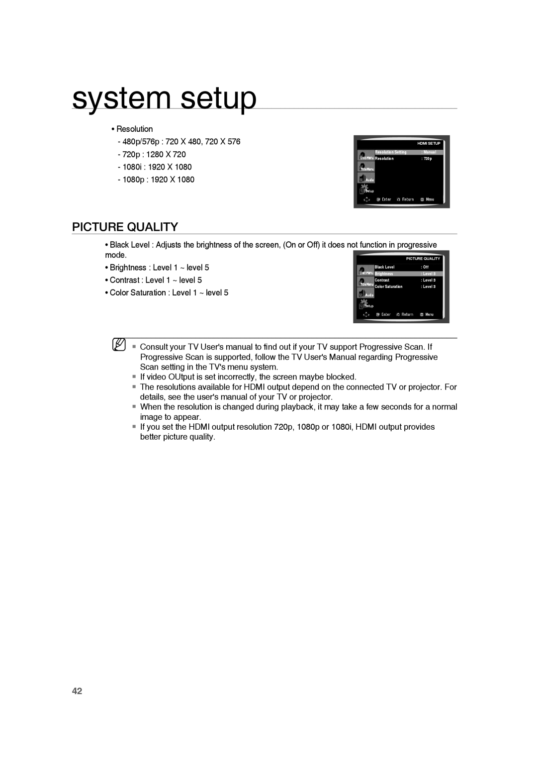 Samsung HE10T user manual Picture Quality, system setup 