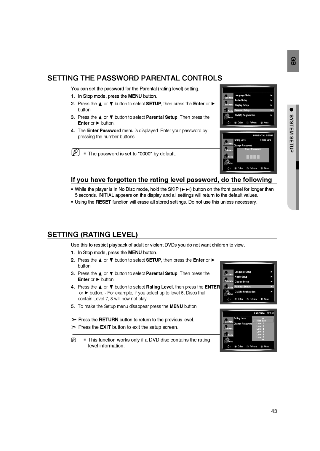 Samsung HE10T user manual Setting The Password Parental Controls, Setting Rating Level, System Setup, level information 