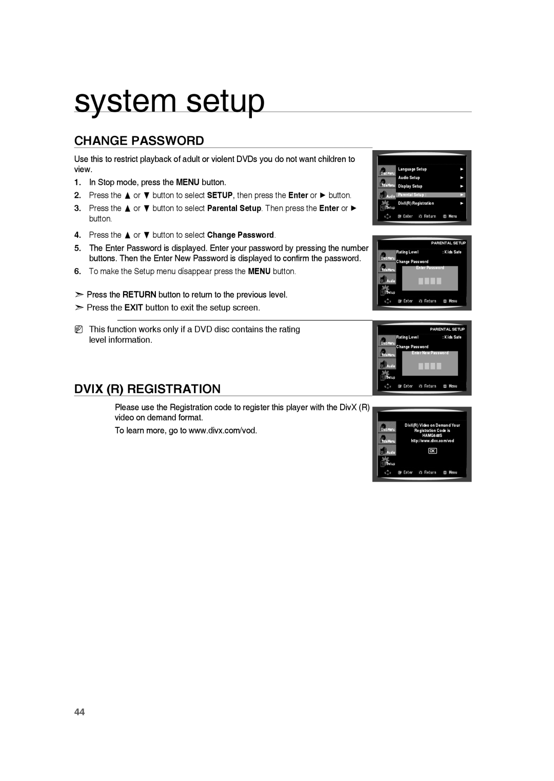 Samsung HE10T user manual Change Password, Dvix R Registration, system setup 