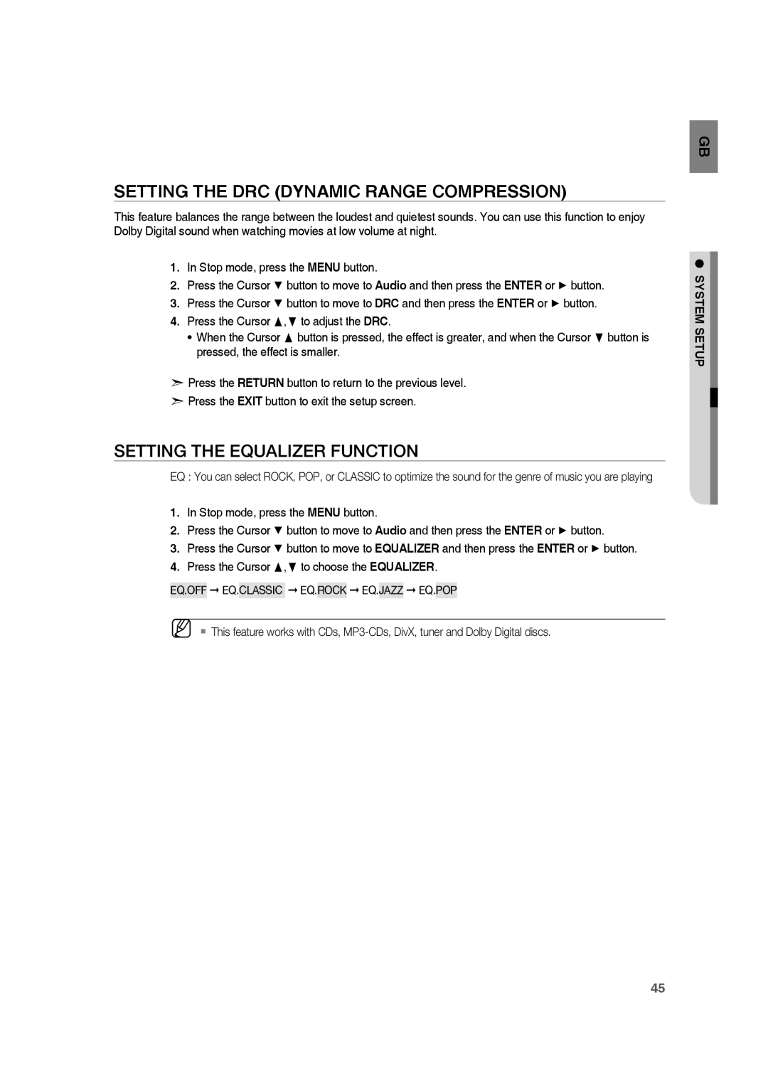 Samsung HE10T user manual Setting The Drc Dynamic Range Compression, Setting The Equalizer Function, System Setup 