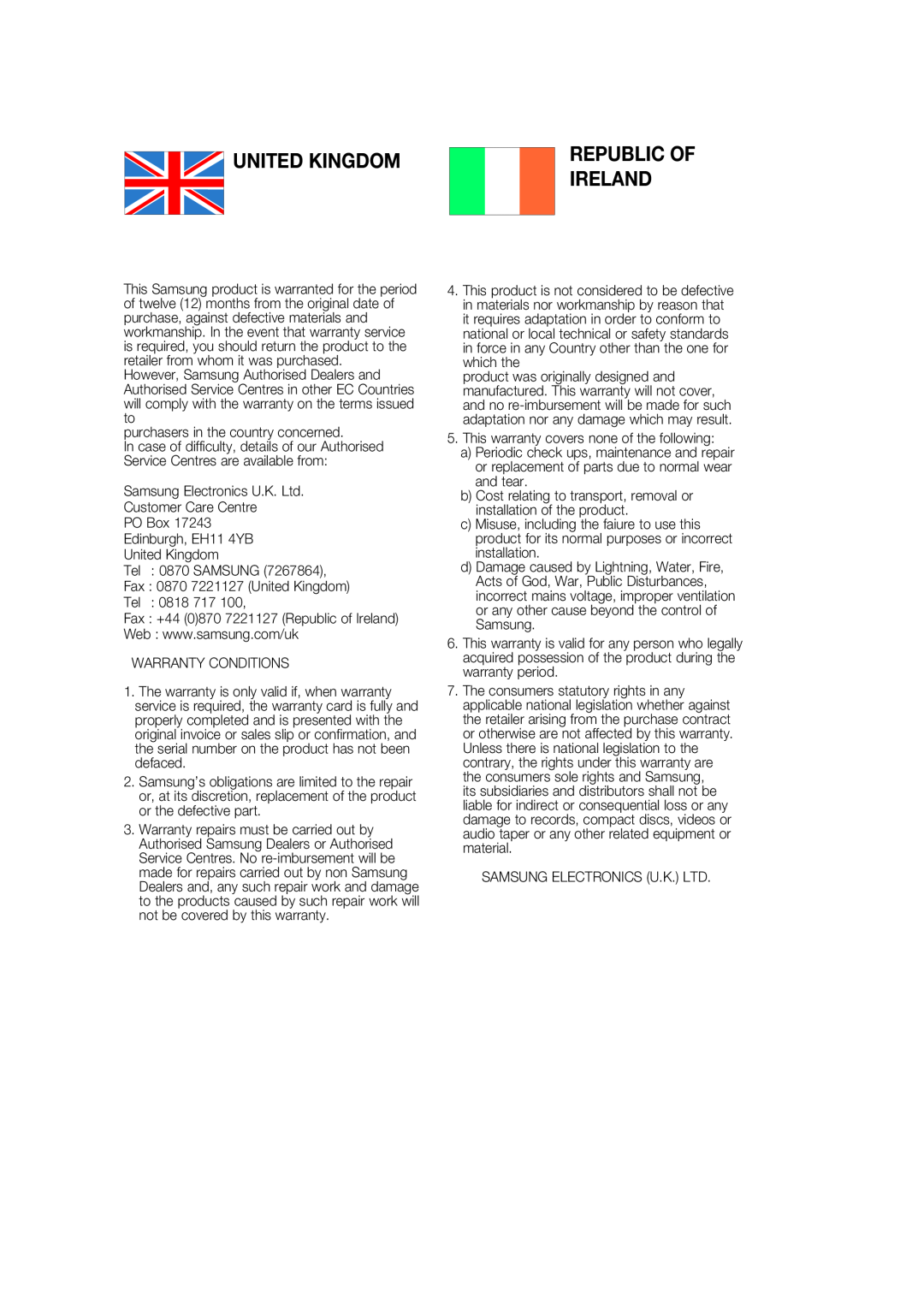 Samsung HE10T user manual United Kingdom, Ireland, Republic Of 