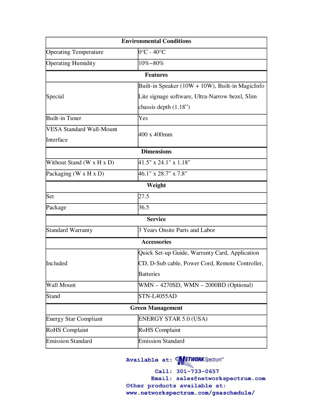 Samsung HE46A warranty Environmental Conditions, Features, Dimensions, Weight, Green Management 