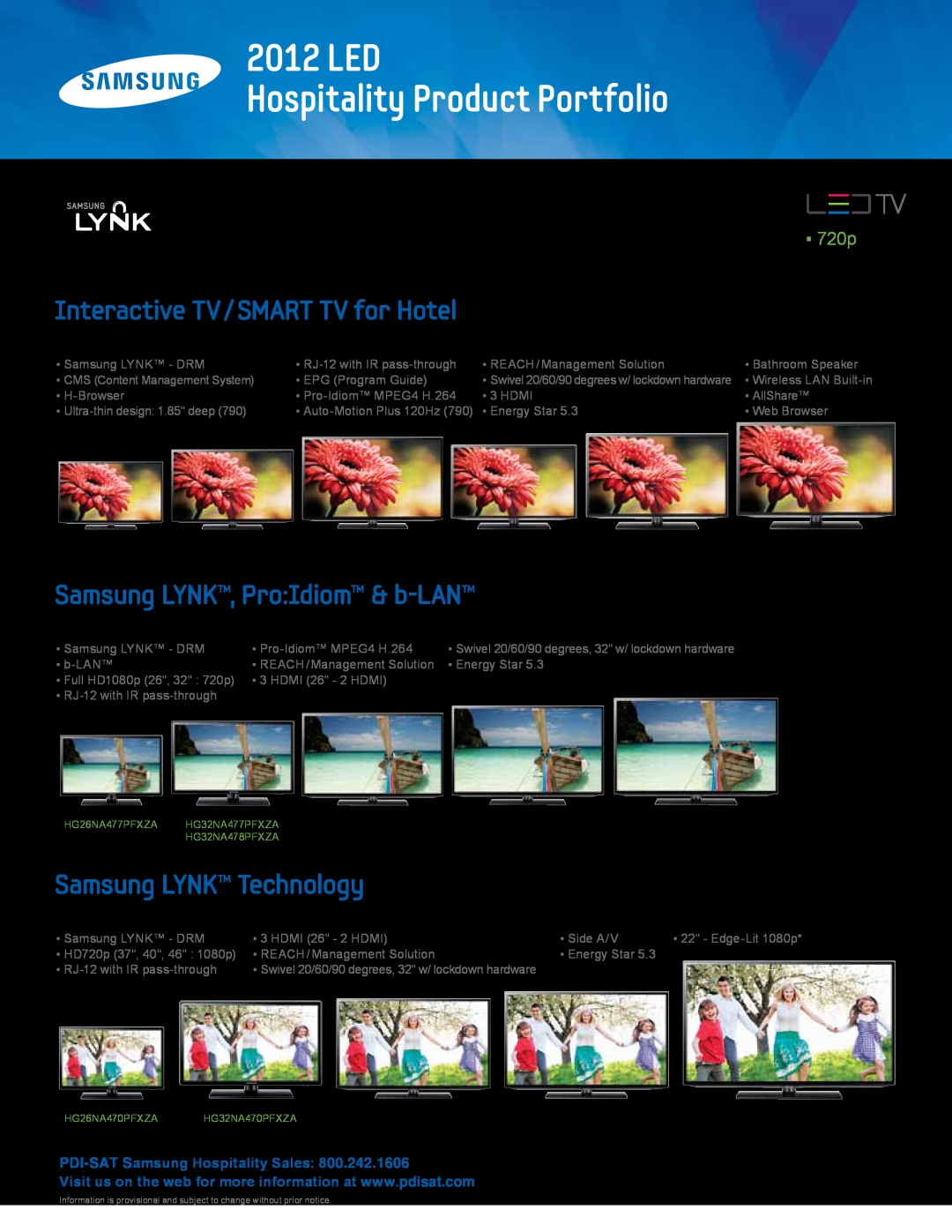 Samsung HG46NA570LBXZA manual LED Hospitality Product Portfolio, PDI-SAT Samsung Hospitality Sales, LED 590, 790, Edge-Lit 