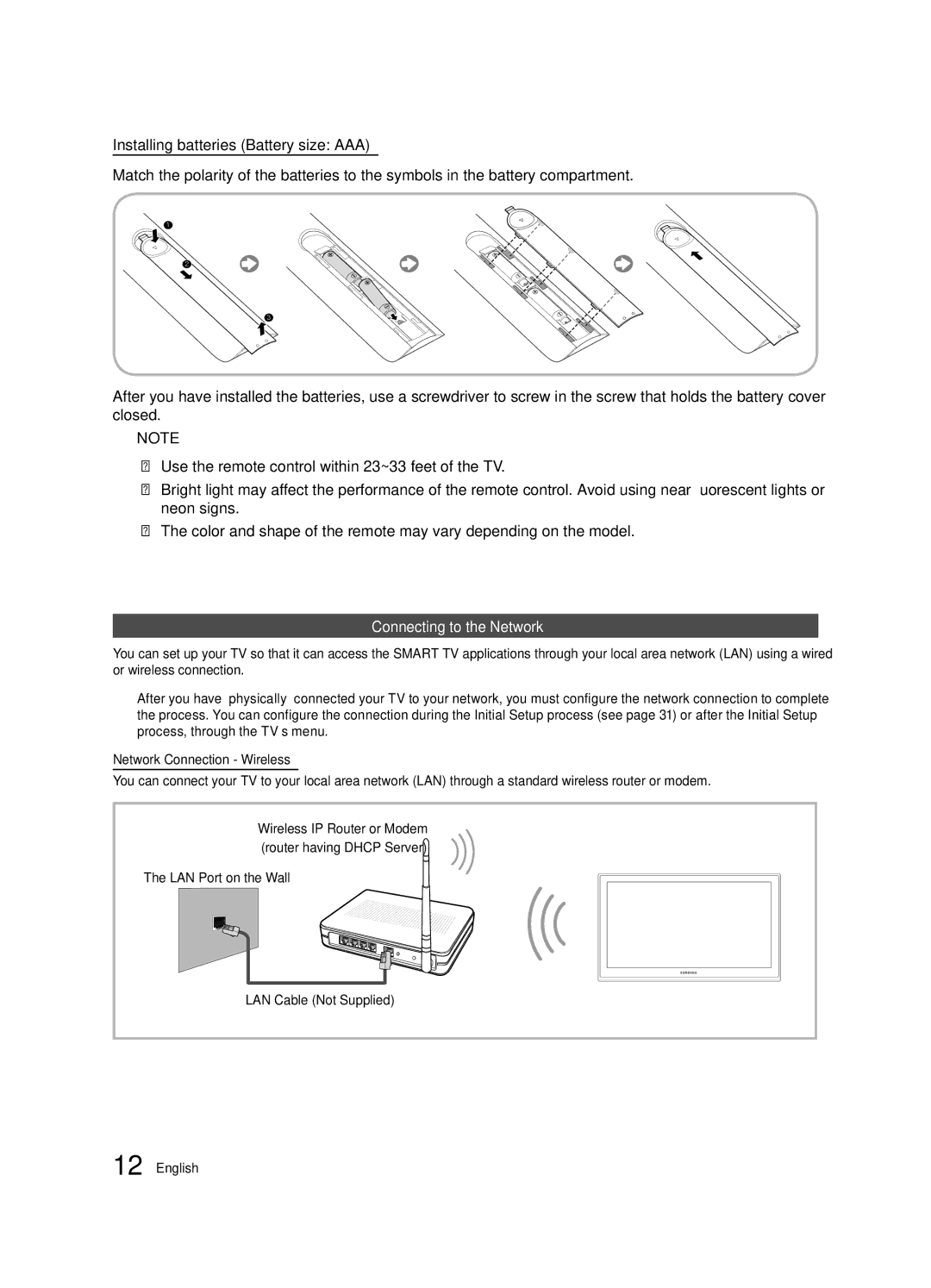 Samsung HG40NB690QFXZA Connecting to the Network, LAN Port on the Wall, LAN Cable Not Supplied, Router having Dhcp Server 