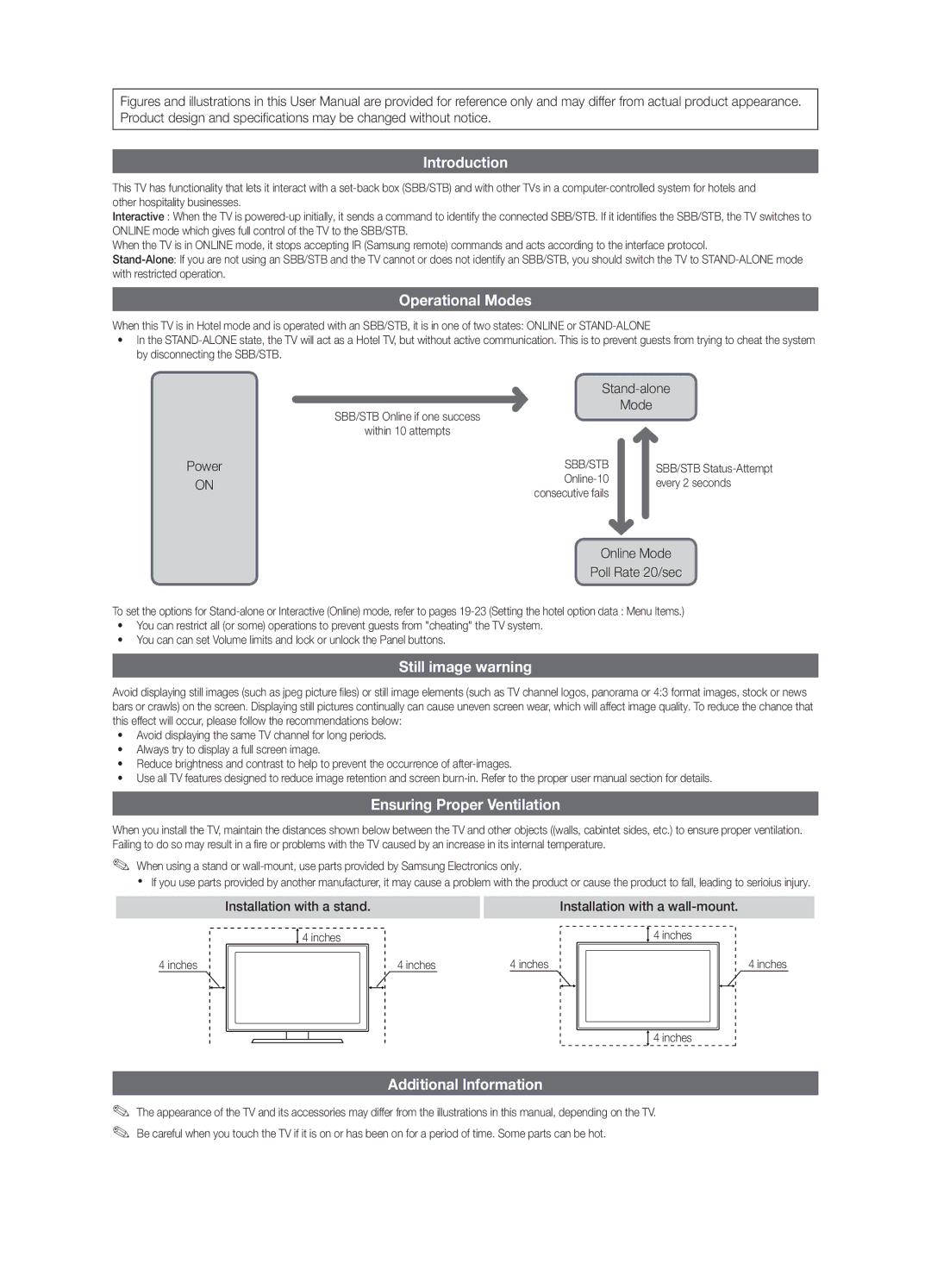 Samsung HG55NB690QFXZA, HG40NB690QFXZA Introduction, Operational Modes, Still image warning, Ensuring Proper Ventilation 