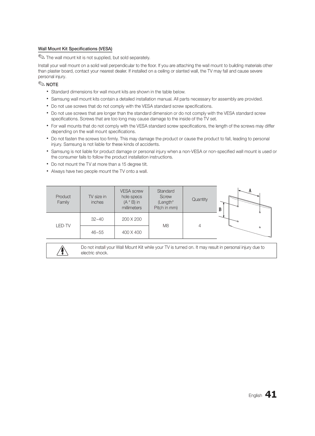 Samsung HG46NB690QFXZA, HG40NB690QFXZA Vesa screw Standard, Product TV size Hole specs, Quantity, 46~55 400 X 