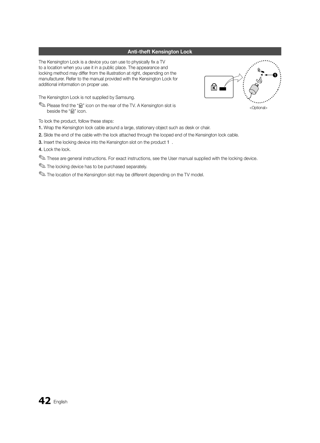 Samsung HG55NB690QFXZA, HG40NB690QFXZA, HG46NB690QFXZA, HG32NB690PFXZA Anti-theft Kensington Lock, Optional 