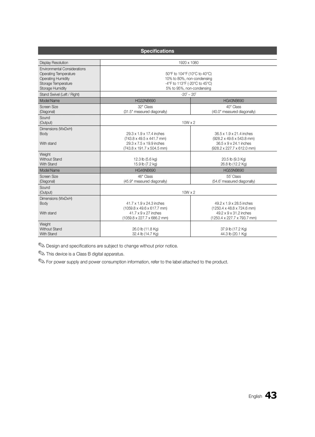 Samsung HG32NB690PFXZA, HG40NB690QFXZA, HG46NB690QFXZA, HG55NB690QFXZA installation manual Specifications 