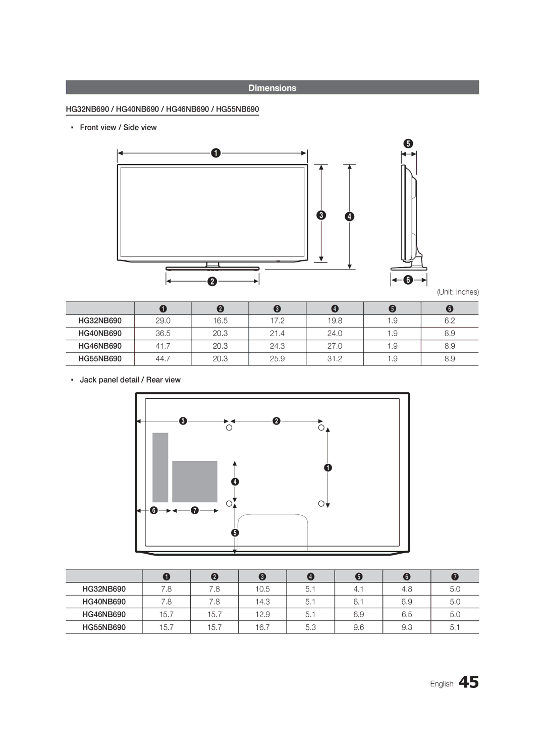 Samsung HG46NB690QFXZA, HG40NB690QFXZA, HG55NB690QFXZA, HG32NB690PFXZA installation manual Dimensions 