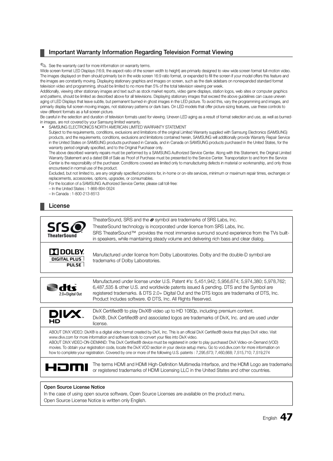 Samsung HG32NB690PFXZA, HG40NB690QFXZA, HG46NB690QFXZA, HG55NB690QFXZA installation manual License, DivX video 