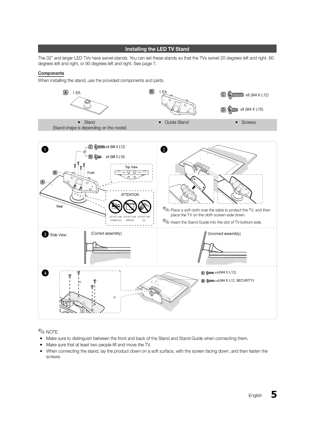 Samsung HG46NB690QFXZA Installing the LED TV Stand, Yy Stand Stand shape is depending on the model, Yy Guide Stand 