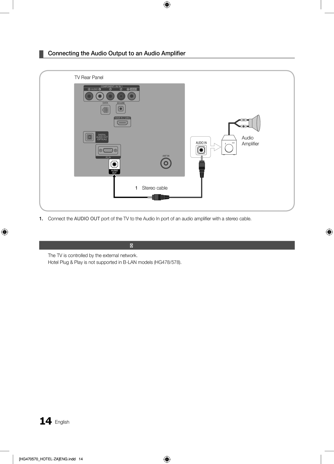 Samsung HG39NA570CFXZA, HG46NA570LBXZA, 577, 470 Connecting the Audio Output to an Audio Amplifier, LAN Model HG478/HG578 