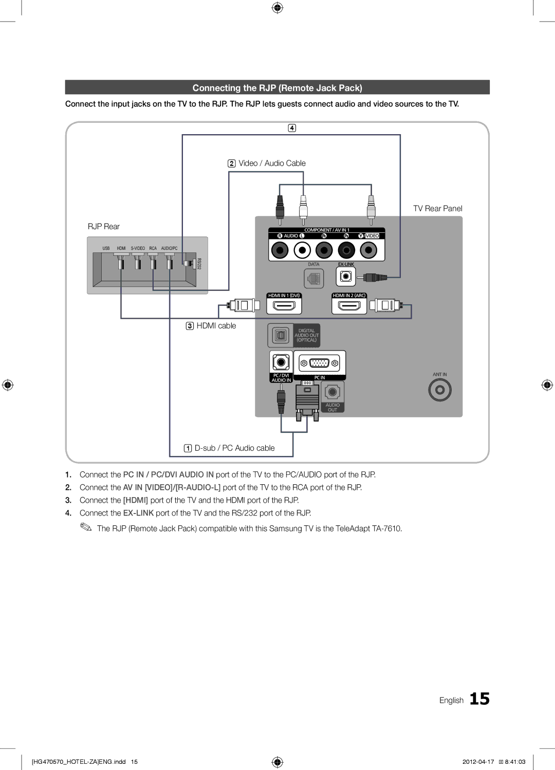 Samsung HG22NA470BFXZA, HG46NA570LBXZA, HG46NA578LBXZA, 577, 478, 477, HG40NA570LFXZA Connecting the RJP Remote Jack Pack 