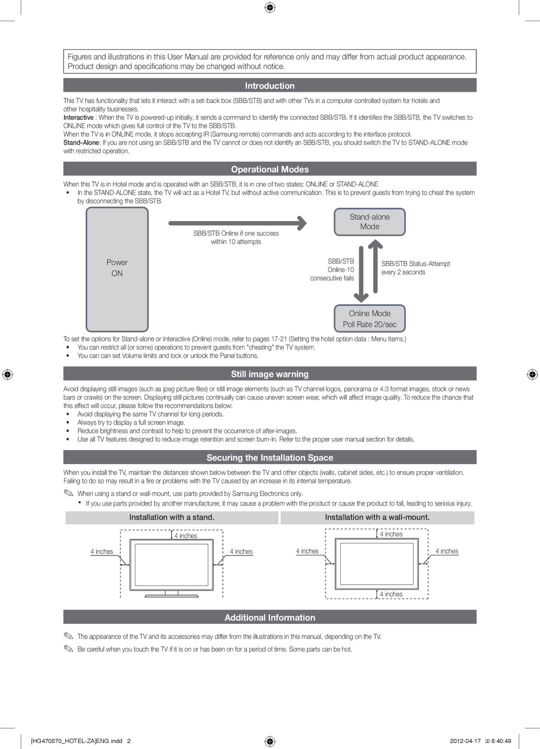 Samsung HG46NA578LBXZA, 577, 570, 478 Introduction, Operational Modes, Still image warning, Securing the Installation Space 