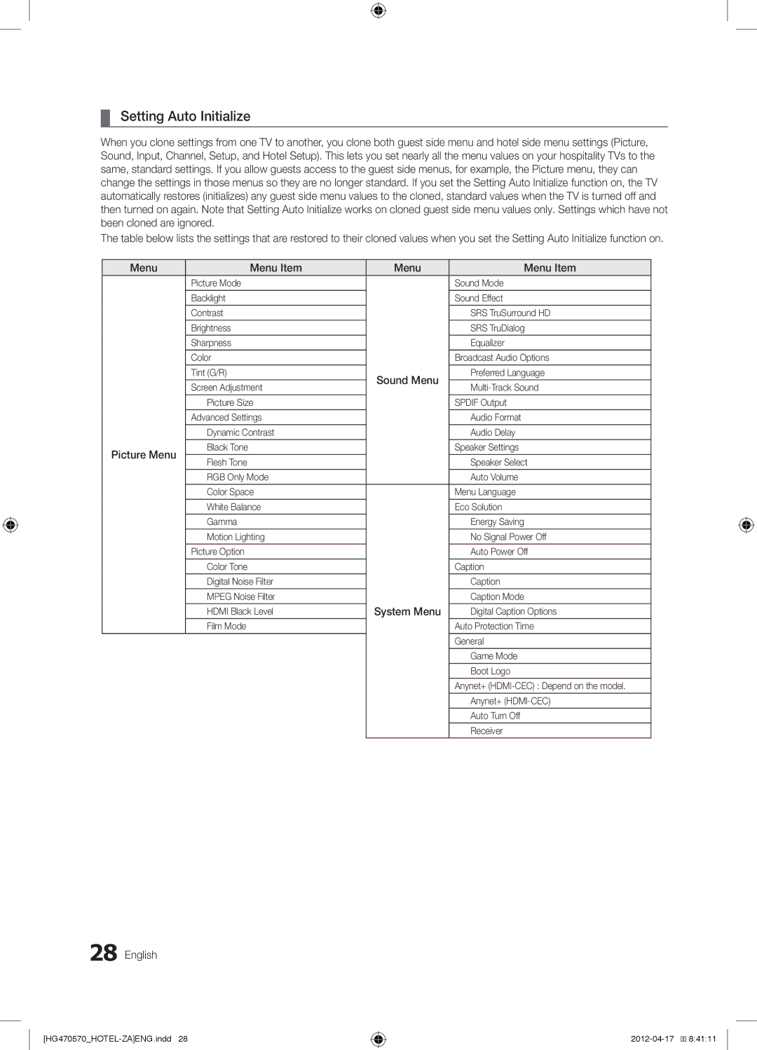 Samsung HG46NA570LBXZA, HG46NA578LBXZA, 577, 478, 470, 477 Setting Auto Initialize, Picture Menu, System Menu 