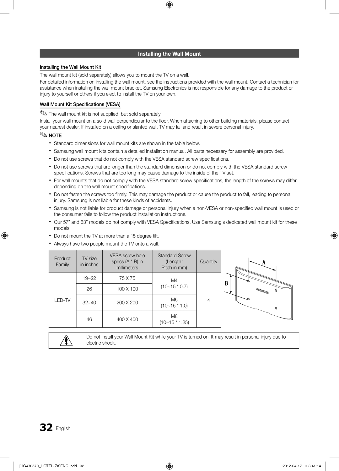 Samsung HG40NA570LFXZA, HG46NA570LBXZA Installing the Wall Mount, Product TV size Vesa screw hole Standard Screw, 10~15 