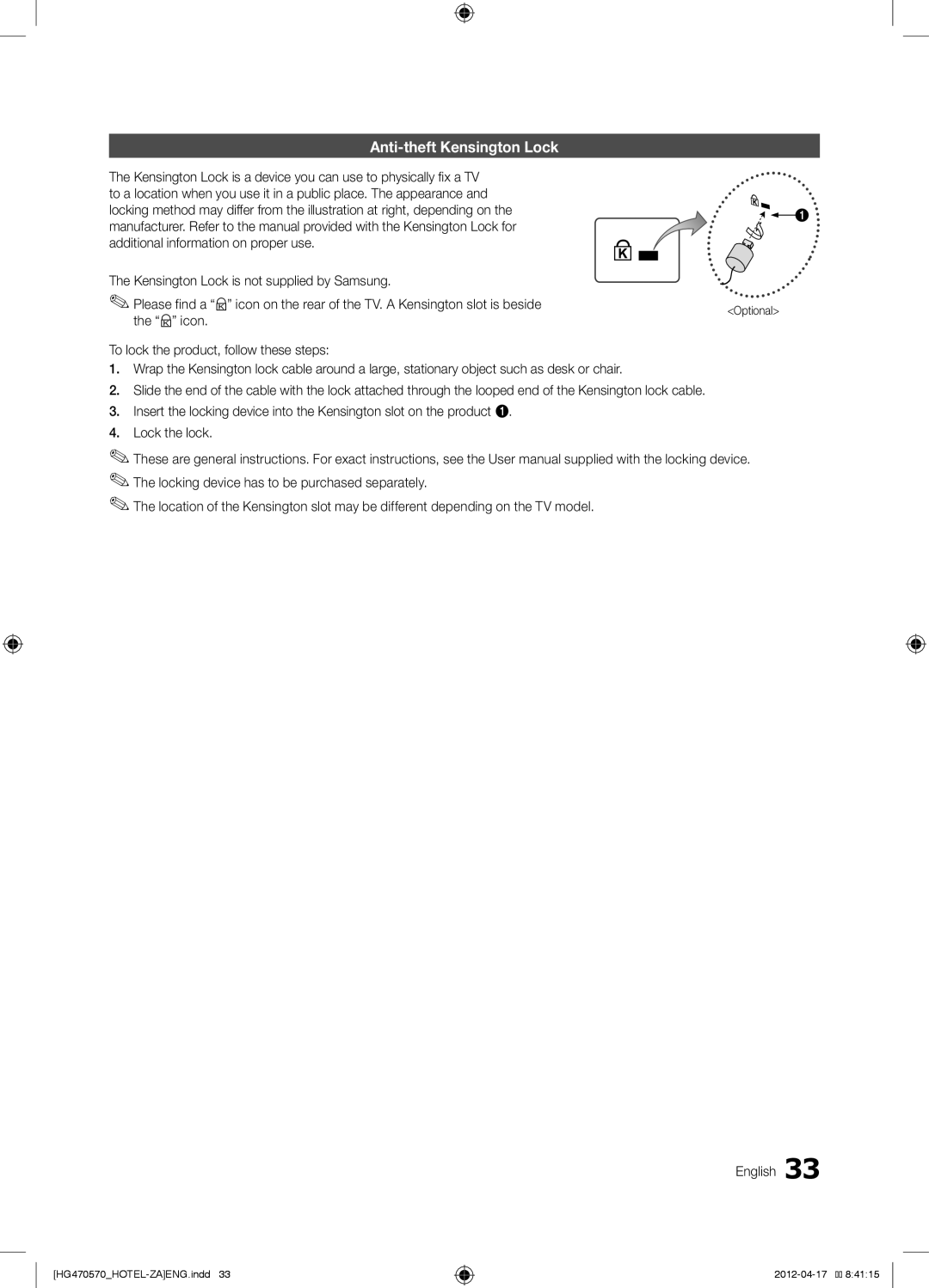 Samsung HG40NA578LFXZA, HG46NA570LBXZA, HG46NA578LBXZA, 577, 478, 470, 477, HG40NA570LFXZA Anti-theft Kensington Lock 