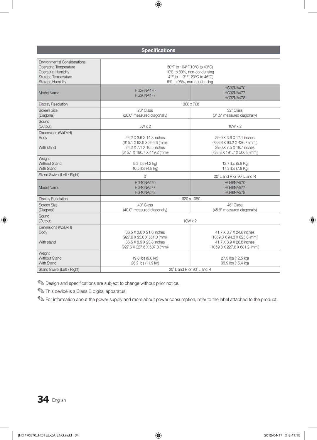 Samsung HG40NA577LF, HG46NA570LBXZA, HG46NA578LBXZA, 478, 470, 477, HG40NA570LFXZA Specifications, Dimensions WxDxH Body 