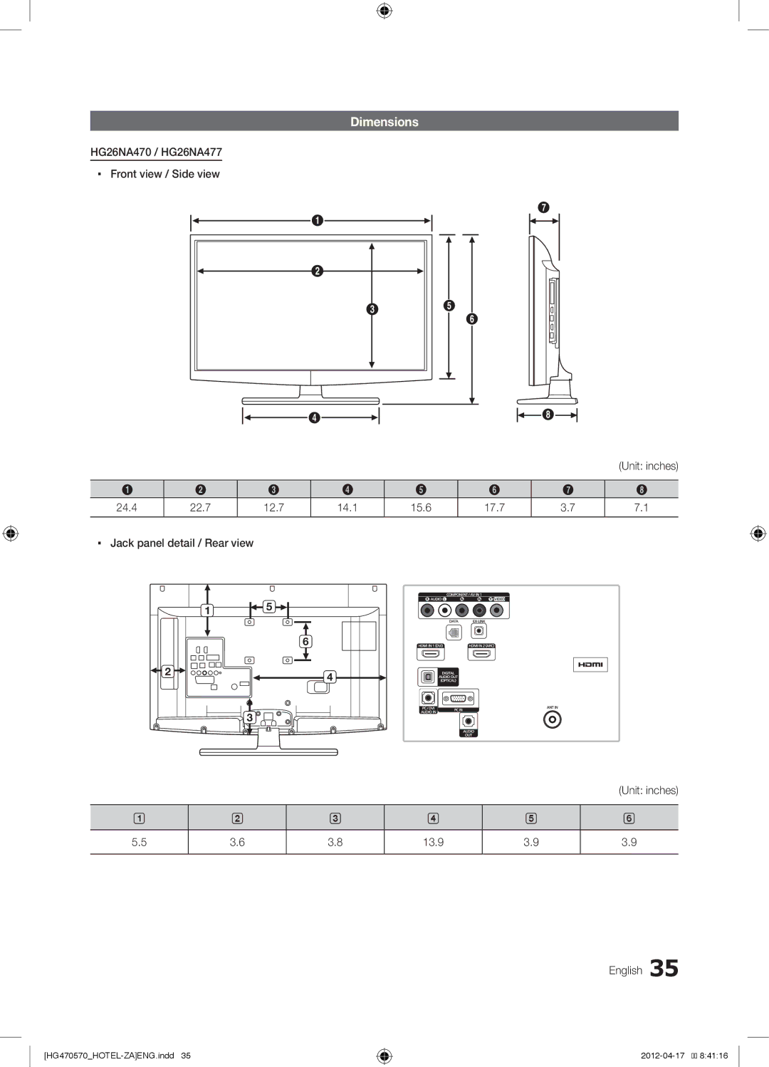 Samsung HG40NA570LF, HG46NA570LBXZA, HG46NA578LB, 577, 478 Dimensions, Unit inches, Jack panel detail / Rear view, English 