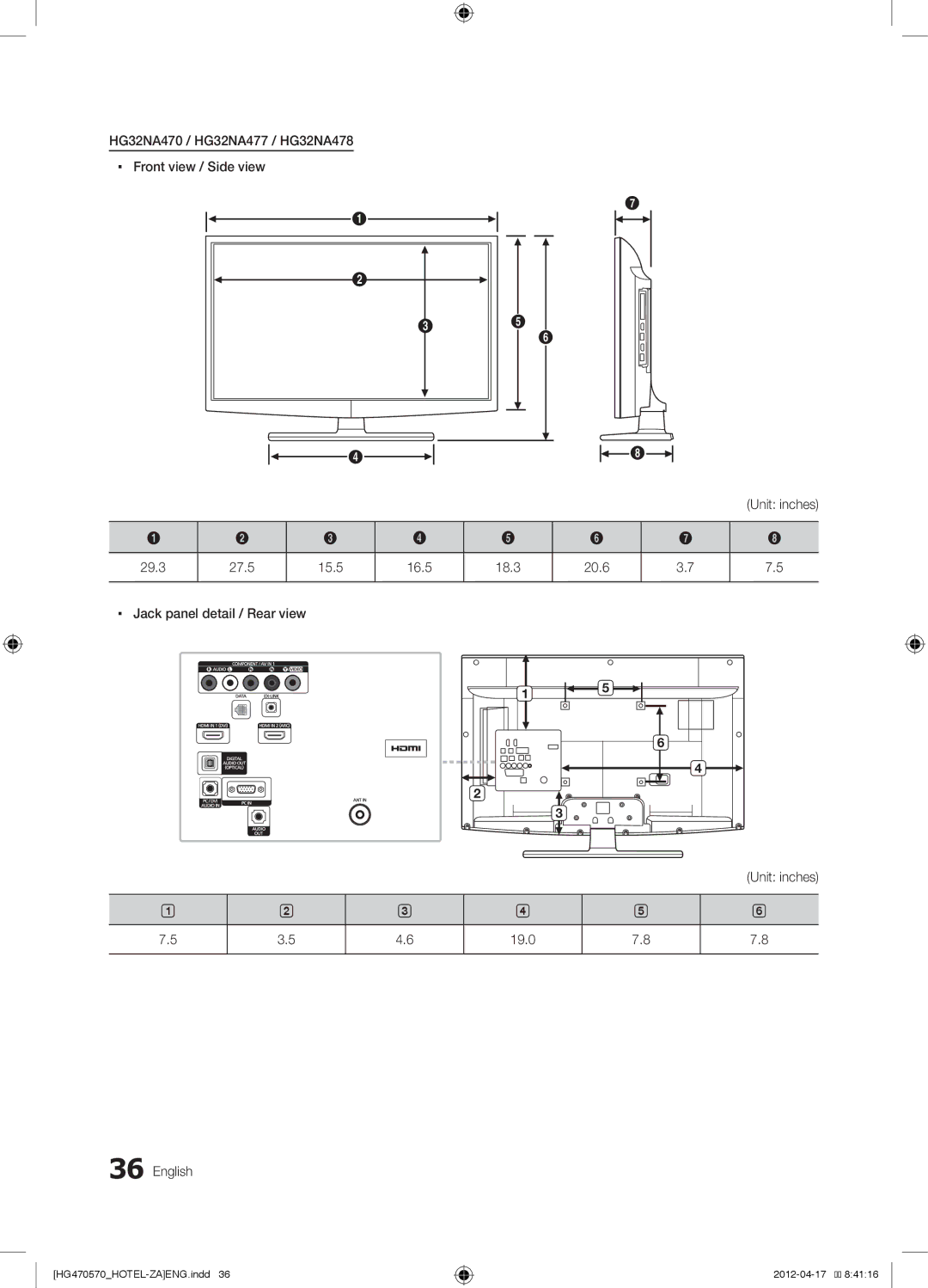 Samsung HG40NA577LFXZA, HG46NA570LBXZA, HG46NA578LBXZA, 478, 470, 477, HG40NA570LFXZA 29.3 27.5 15.5 16.5 18.3 20.6, English 