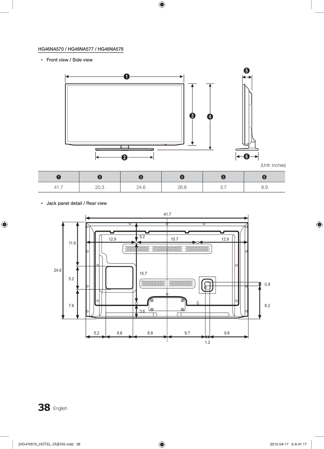 Samsung HG22NA470BFXZA, HG46NA570LBXZA, 478 HG46NA570 / HG46NA577 / HG46NA578 Front view / Side view, 41.7 20.3 24.6 26.8 