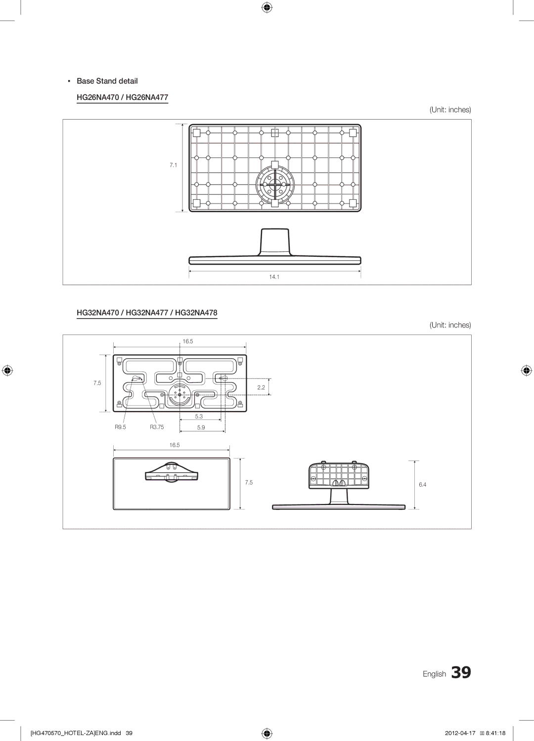 Samsung HG26NA477PF, HG46NA570LBXZA, HG46NA578LBXZA, 577, HG40NA570LFXZA HG32NA470 / HG32NA477 / HG32NA478, Unit inches 