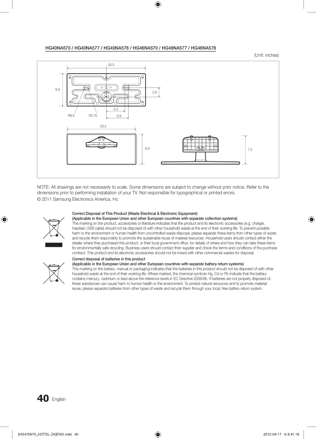 Samsung HG26NA470PFXZA, HG46NA570LBXZA, HG46NA578LBXZA, 577, 478, 477, HG40NA570LFXZA Samsung Electronics America, Inc 