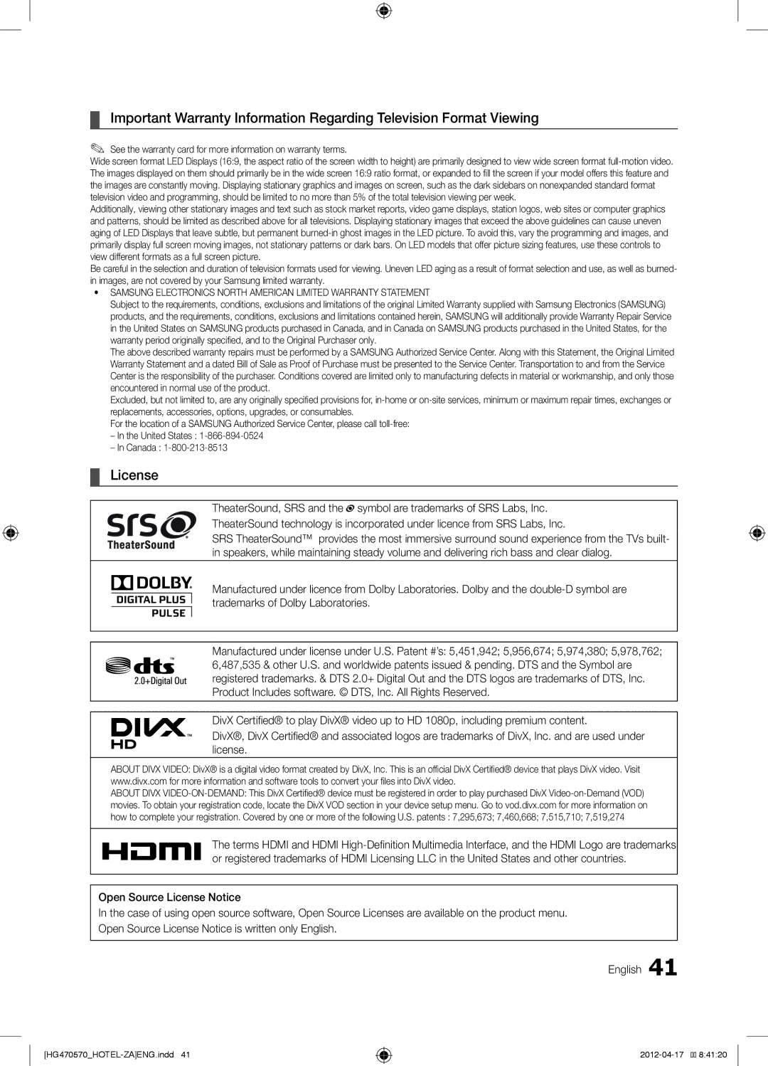 Samsung HG32NA470PFXZA, HG46NA570LBXZA, HG46NA578LBXZA, 478, 477, HG40NA570LFXZA, HG40NA578LFXZA, HG40NA577LF License 