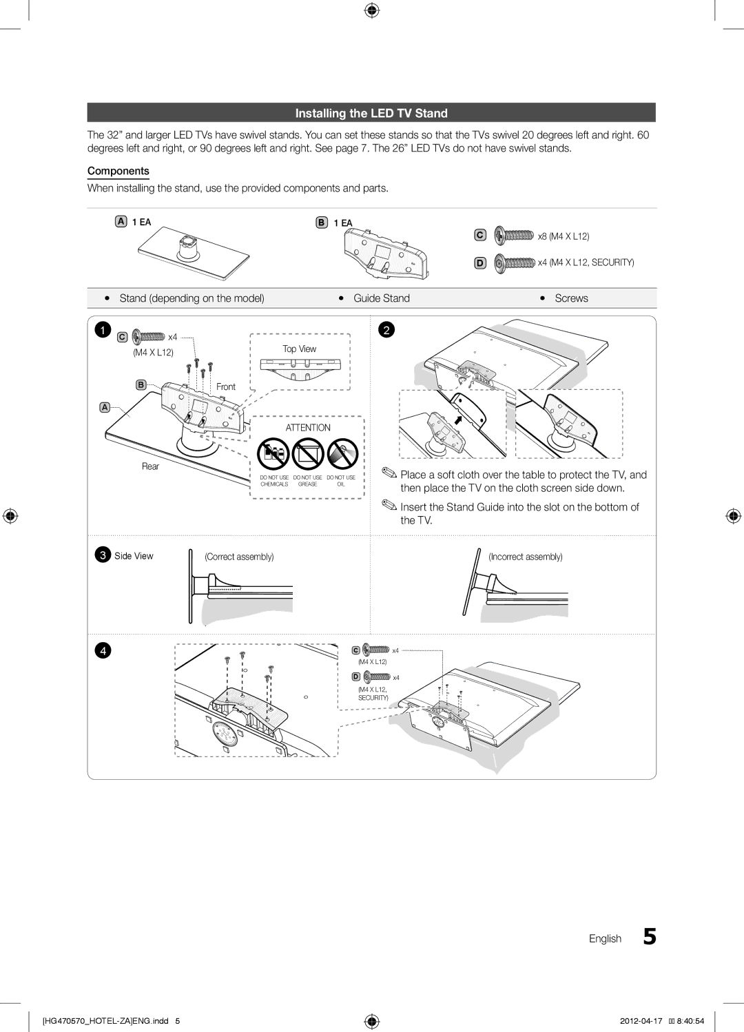 Samsung HG46NA570LBXZA, 578 Installing the LED TV Stand, Insert the Stand Guide into the slot on the bottom of the TV 