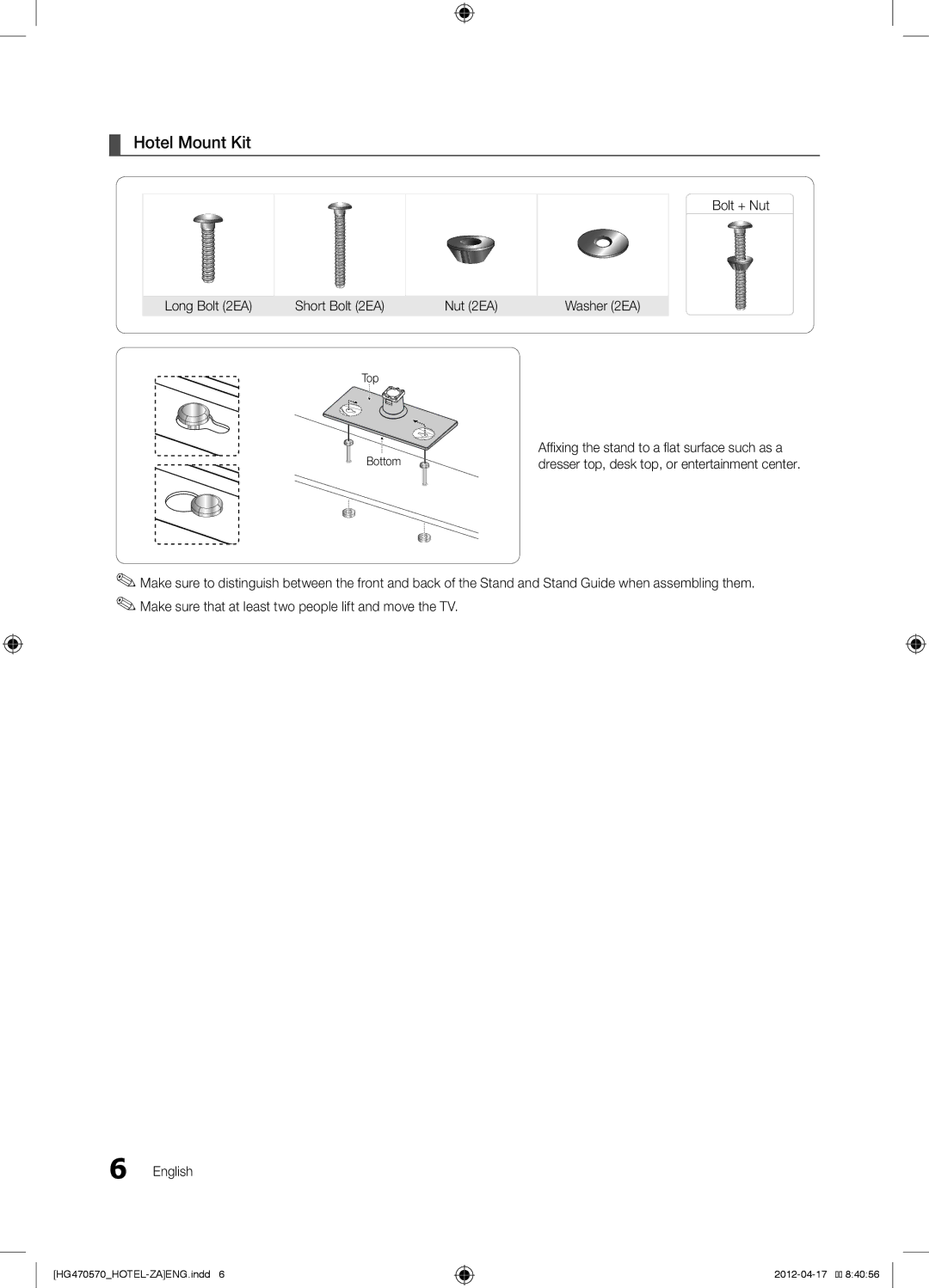 Samsung 478, HG46NA570LBXZA, HG46NA578LBXZA, 577, 470, 477 Hotel Mount Kit, Long Bolt 2EA Short Bolt 2EA Nut 2EA Washer 2EA 