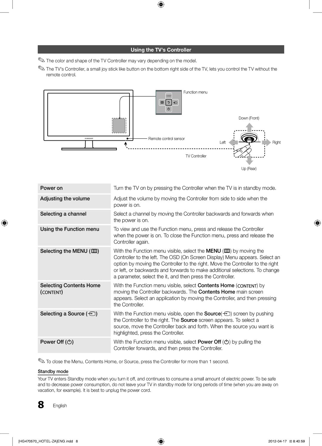 Samsung 477, HG46NA570LBXZA, HG46NA578LBXZA, 577, 478, 470 Using the TVs Controller, Power is on Using the Function menu 