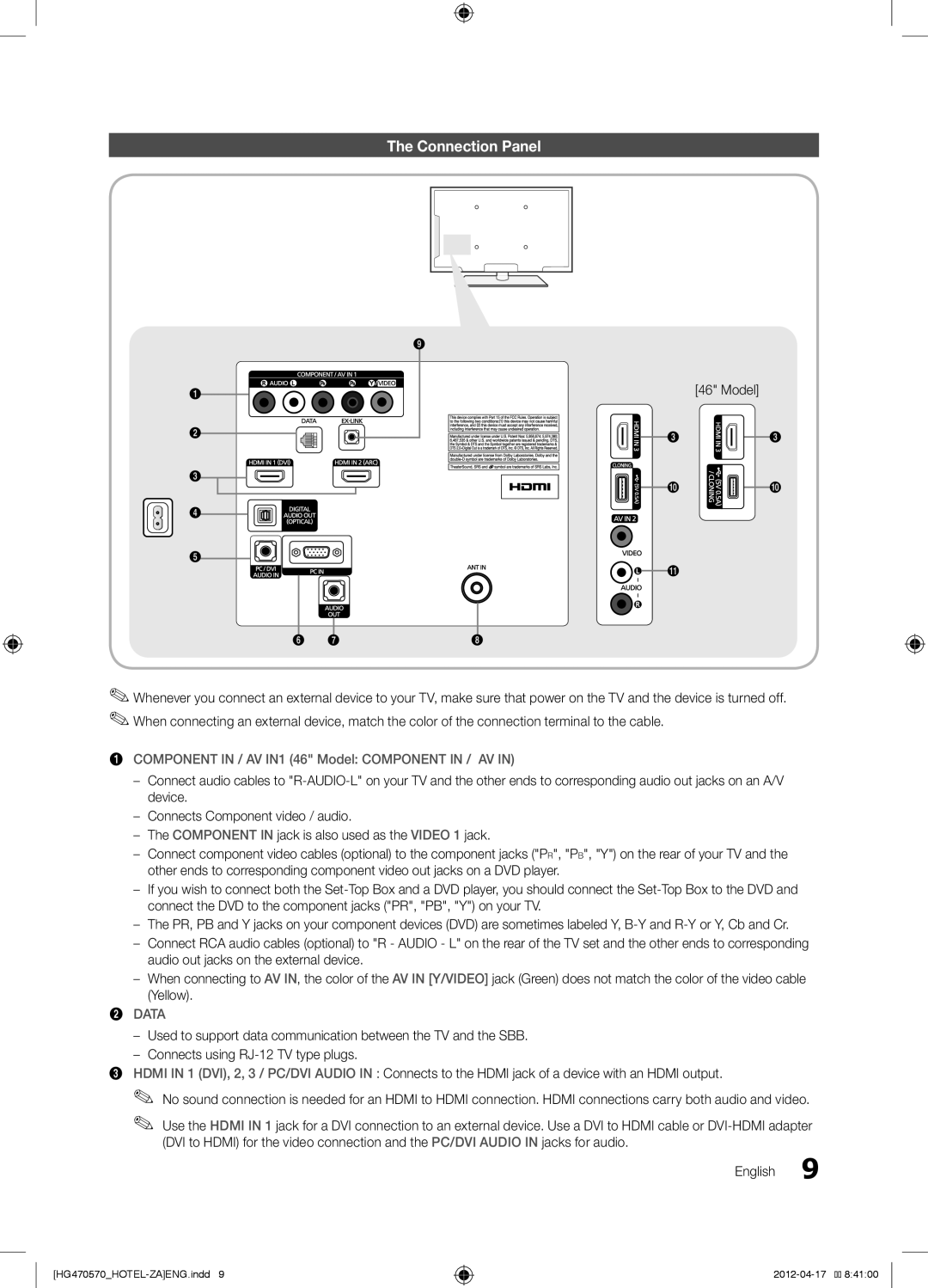 Samsung HG40NA570LFXZA, HG46NA570LBXZA, HG46NA578LB, 577 Connection Panel, Component in / AV IN1 46 Model Component in / AV 