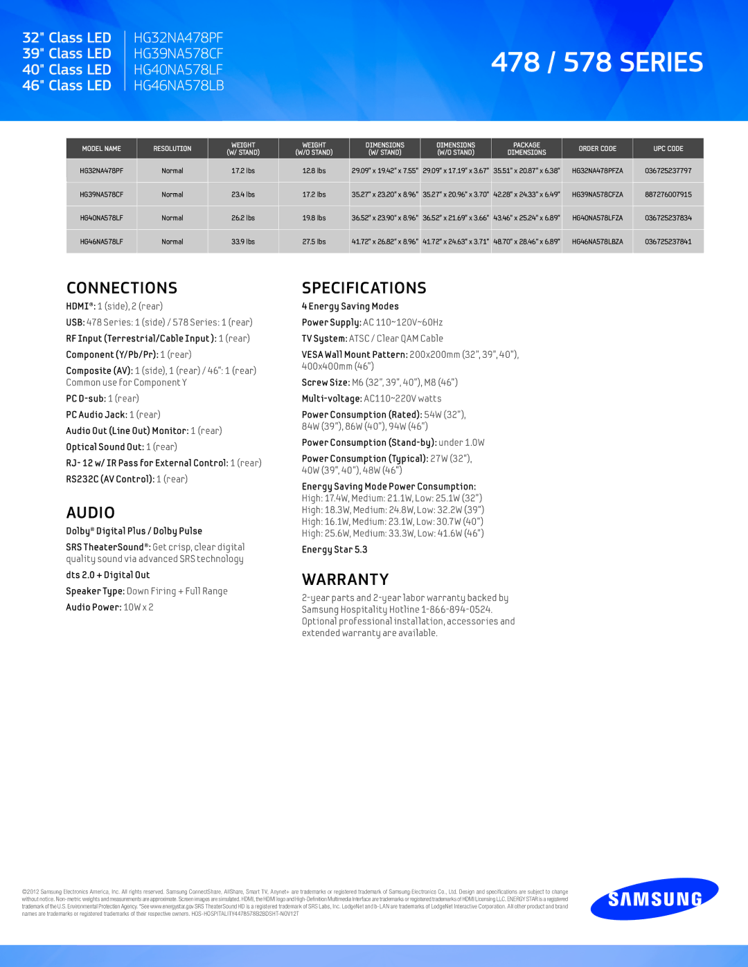 Samsung HG32NA478PFXZA, HG46NA578LB, HG39NA578CF, HG40NA578LF manual Connections, Audio, Specifications, Warranty 