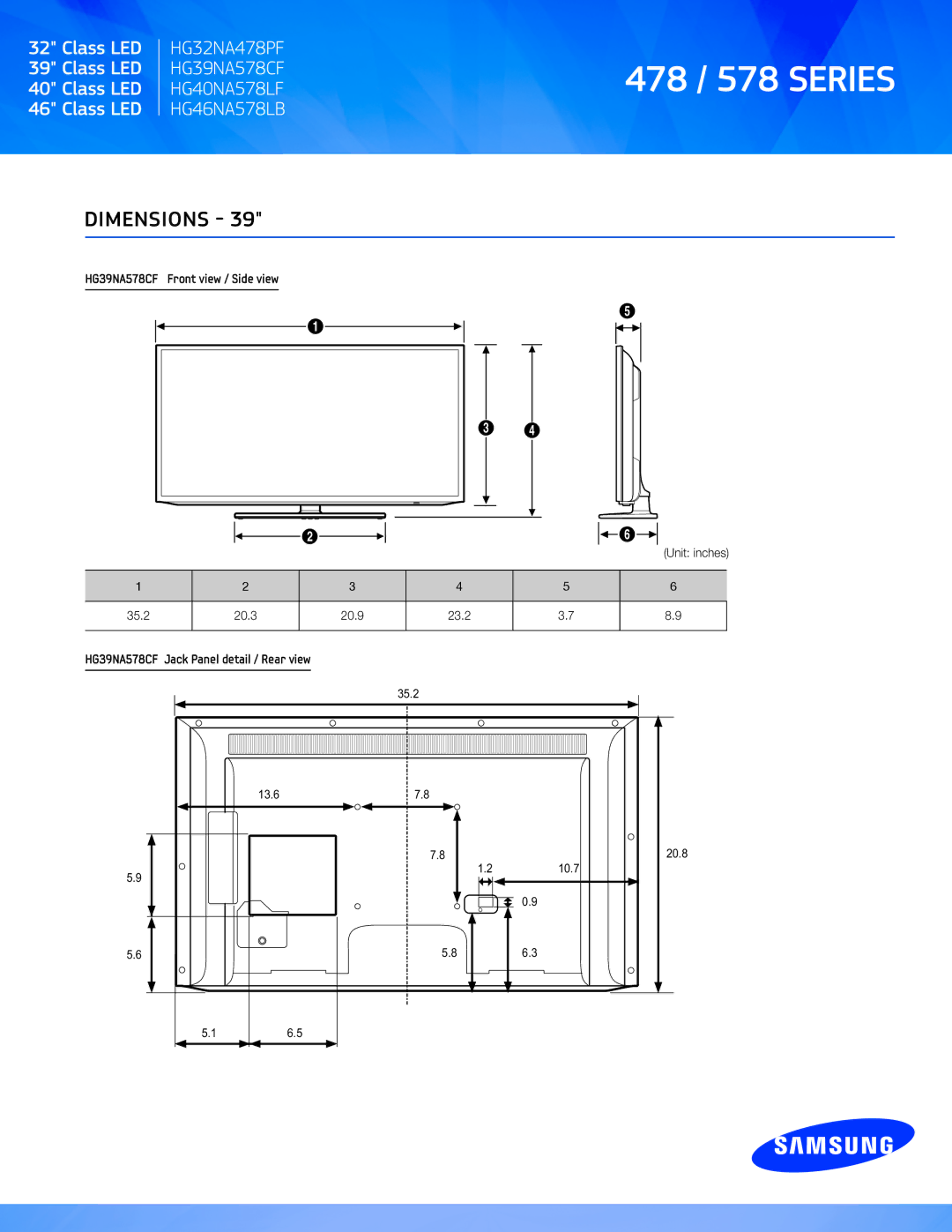 Samsung HG46NA578LB, HG40NA578LF, HG32NA478PFXZA manual HG39NA578CF Front view / Side view 