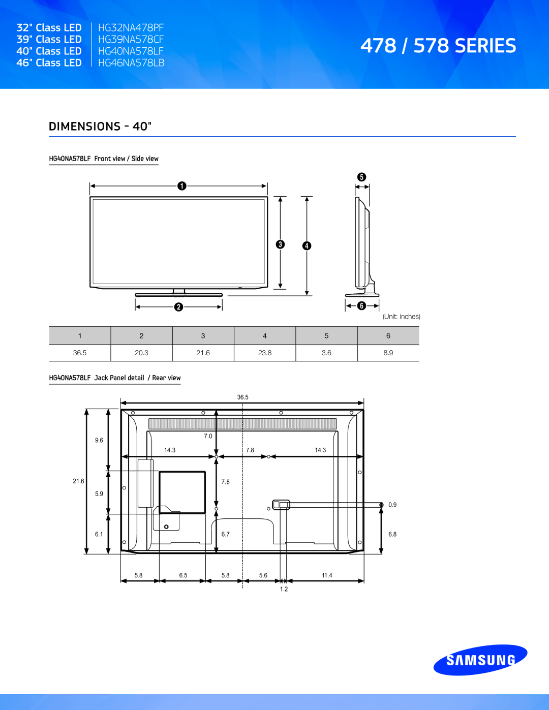 Samsung HG32NA478PFXZA, HG46NA578LB, HG39NA578CF manual HG40NA578LF Front view / Side view 