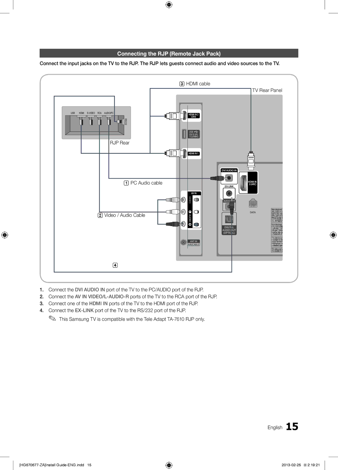 Samsung HG32NB670BFXZA, HG46NB677FFXZA Connecting the RJP Remote Jack Pack, RJP Rear, PC Audio cable, Video / Audio Cable 