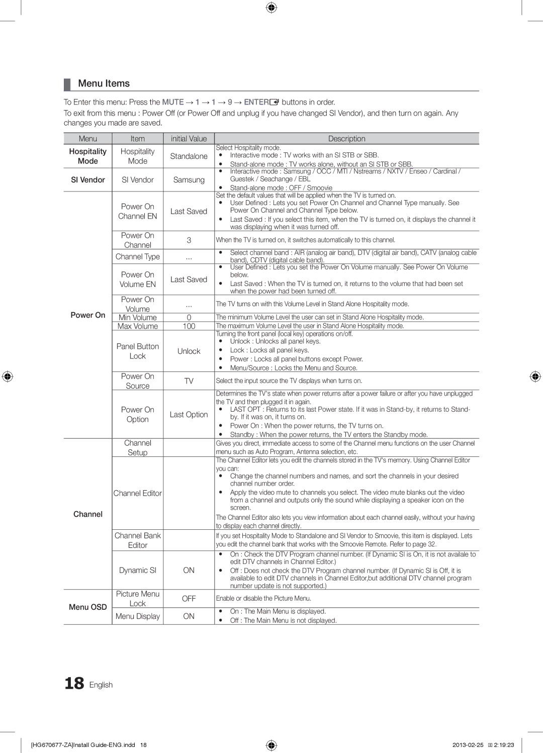 Samsung HG46NB677FFXZA, HG46NB670FFXZA, HG40NB670FFXZA, HG32NB670BFXZA, HG32NB677BFXZA Menu Items, Mode, 100, Menu OSD 