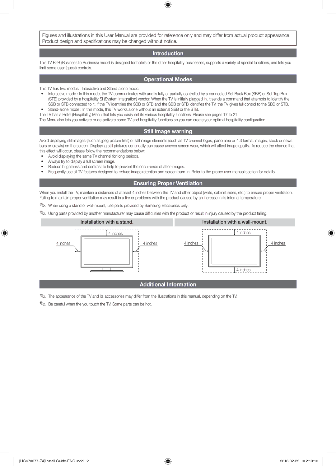 Samsung HG40NB670FFXZA, HG46NB677FFXZA Introduction, Operational Modes, Still image warning, Ensuring Proper Ventilation 