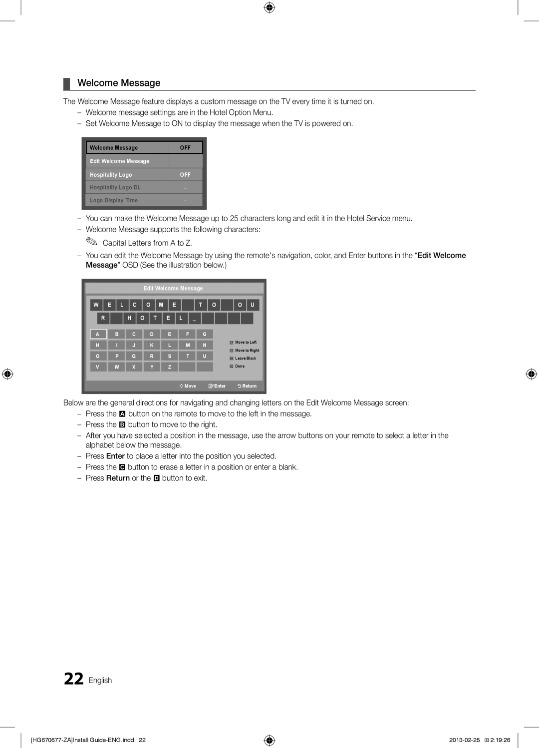 Samsung HG32NB677BFXZA, HG46NB677FFXZA, HG46NB670FFXZA, HG40NB670FFXZA, HG32NB670BFXZA, HG28NB670BFXZA Welcome Message 