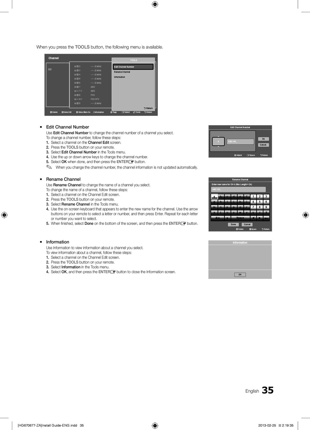 Samsung HG28NB670BFXZA, HG46NB677FFXZA, HG46NB670FFXZA Yy Edit Channel Number, Yy Rename Channel, Yy Information 