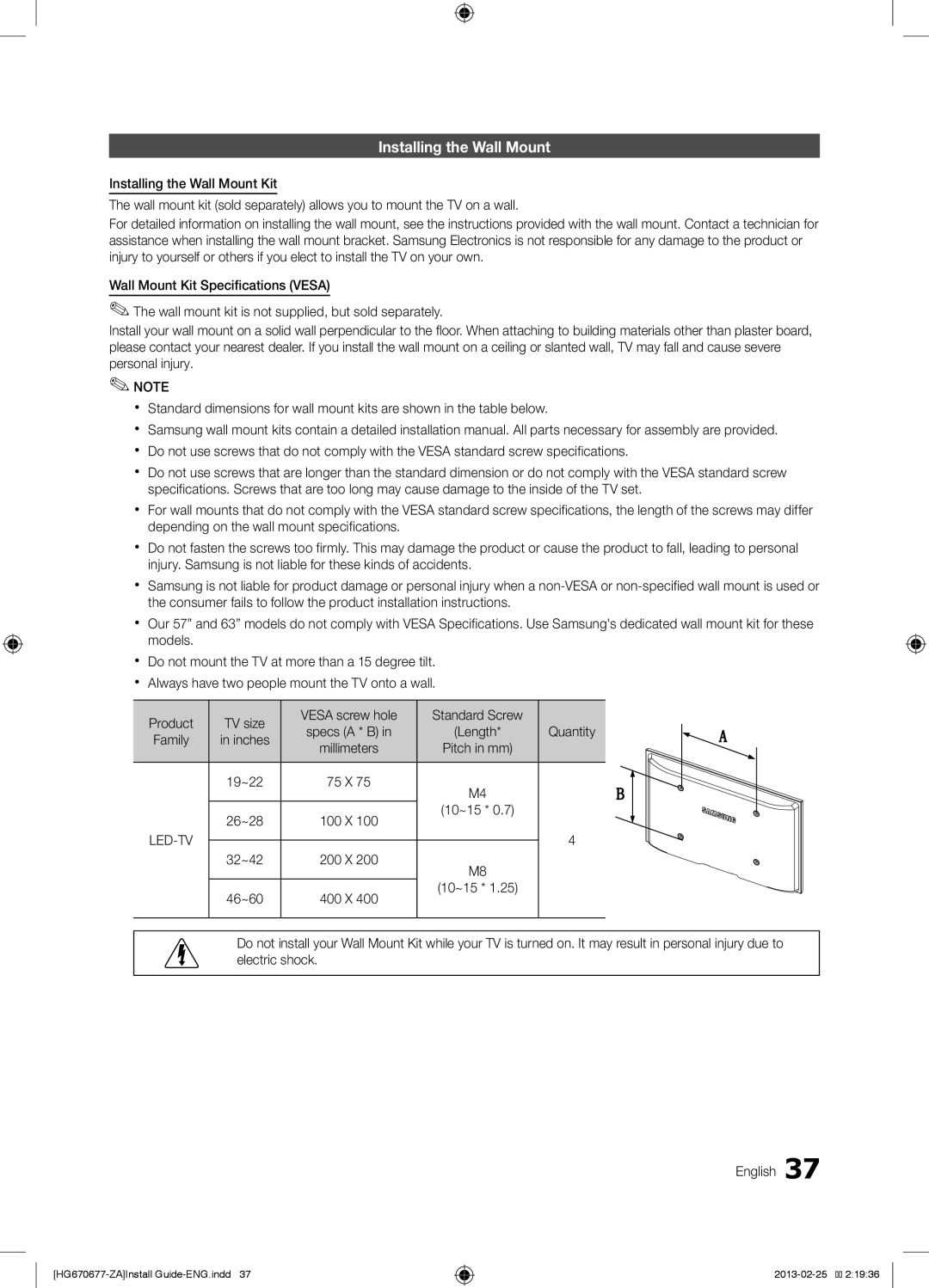 Samsung HG46NB670FFXZA, HG46NB677FFXZA Installing the Wall Mount, Product TV size Vesa screw hole Standard Screw, 10~15 