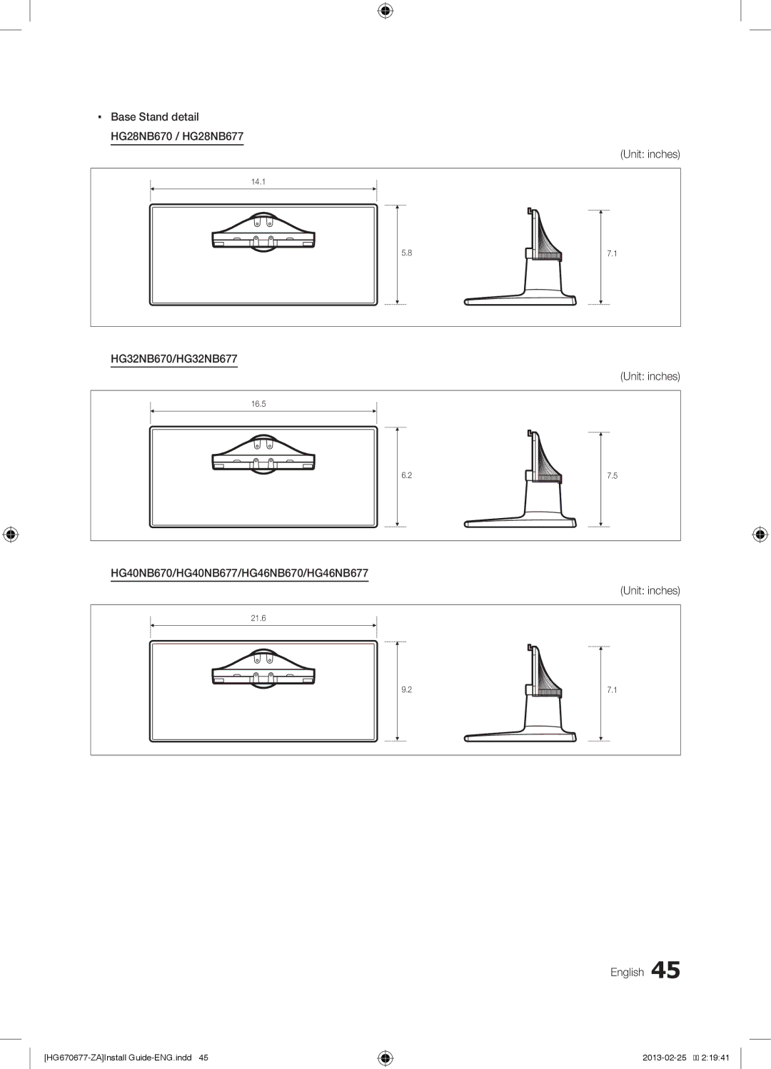 Samsung HG32NB670BFXZA, HG46NB677FFXZA Base Stand detail HG28NB670 / HG28NB677, HG32NB670/HG32NB677, Unit inches English 