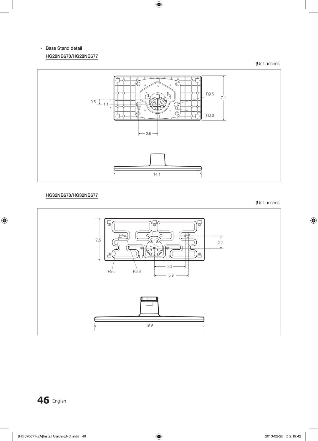 Samsung HG32NB677BFXZA Base Stand detail HG28NB670/HG28NB677 Unit inches, HG32NB670/HG32NB677 Unit inches, 14.1 R9.5 R3.8 