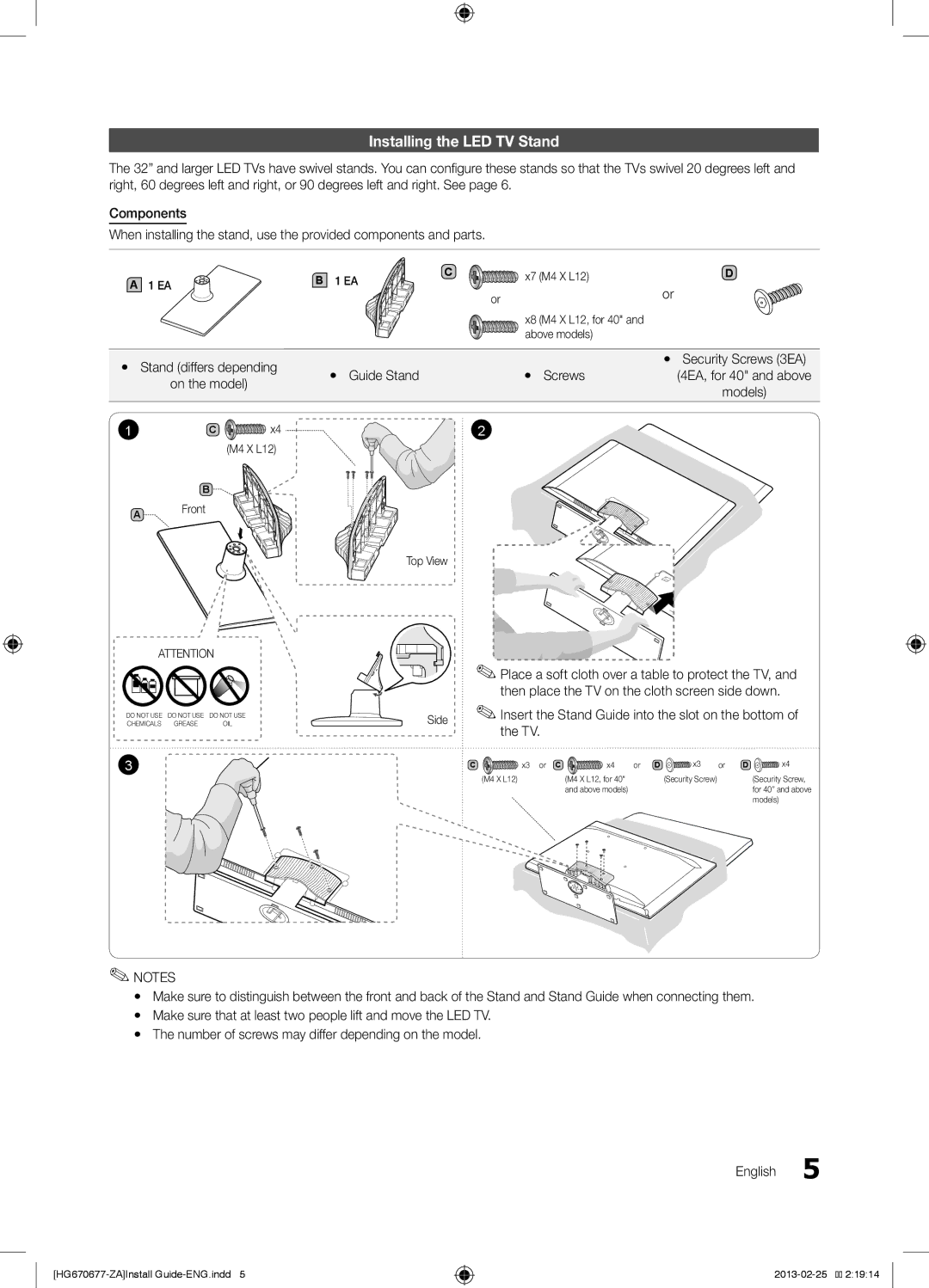 Samsung HG28NB670BFXZA Installing the LED TV Stand, Yy Stand differs depending, Yy Guide Stand Yy Screws, On the model 