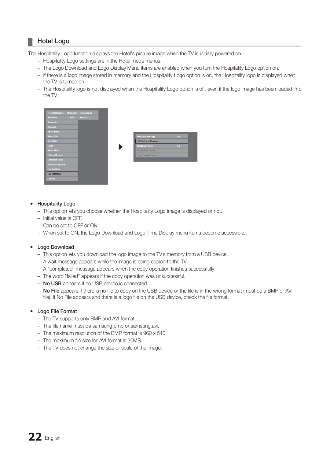 Samsung HG46NB678FFXZA installation manual Hotel Logo 