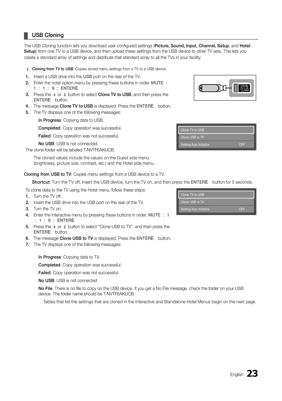 Samsung HG46NB678FFXZA installation manual USB Cloning, Turn the TV on 