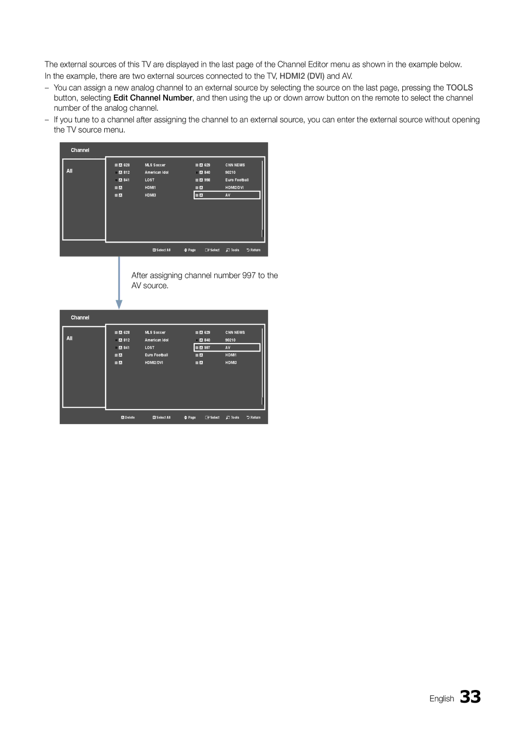 Samsung HG46NB678FFXZA installation manual After assigning channel number 997 to the AV source 