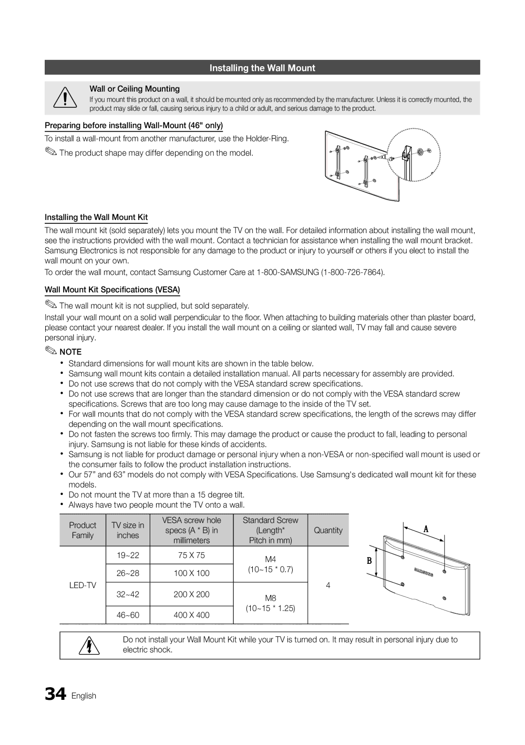 Samsung HG46NB678FFXZA installation manual Installing the Wall Mount, Led-Tv 